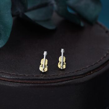 Tiny Violin Stud Earrings In Sterling Silver, 7 of 11