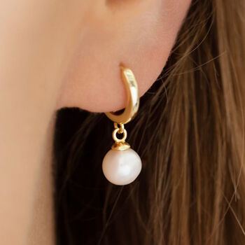 Gold Plated Sterling Silver Pearl Huggie Hoop Earrings, 2 of 5