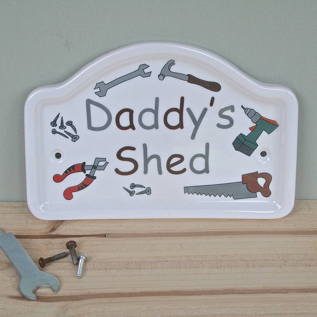 personalised 'dad's' shed and garden plaques by sparkle ceramics
