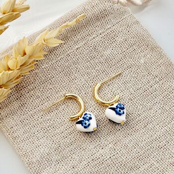 Blue Floral Heart Clay Handmade Earrings, 3 of 4