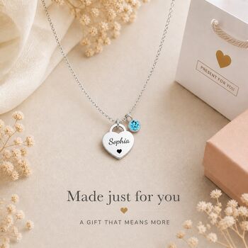 Personalised Name Heart Pendant Necklace With Birthstone Symbol, 12 of 12