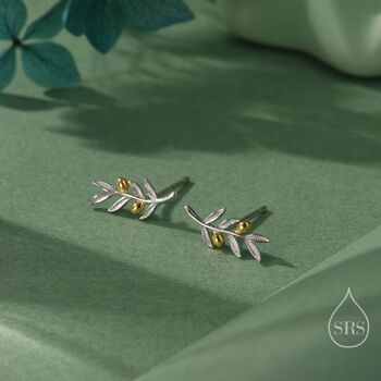 Olive Leaf Stud Earrings In Sterling Silver, 2 of 12