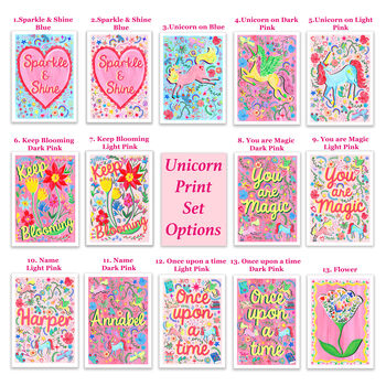 Unicorn And Floral Nursery Print Set – Set Of Nine Whimsical Wall Art Prints, 5 of 12
