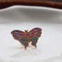 Teal And Pink Butterfly Pin Badge With Gold Accents, thumbnail 6 of 7