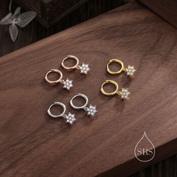 Tiny Cz Flower Dangle Huggie Hoop Earrings, 4 of 9