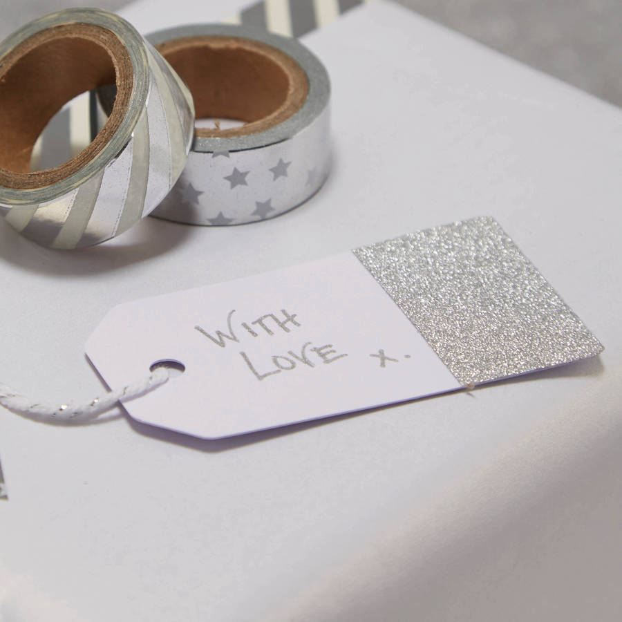 white and silver glitter luggage tags by ginger ray