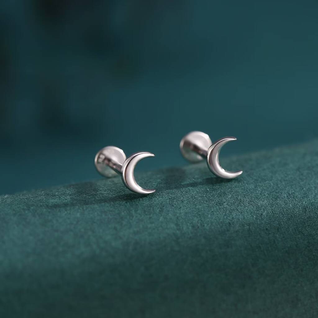 Sterling Silver Tiny Moon Internally Threaded Flat Back Earrings, 1 of 9
