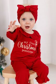My First Christmas Frill Collar Personalised Embroidered Reindeer Pyjamas, 2 of 5