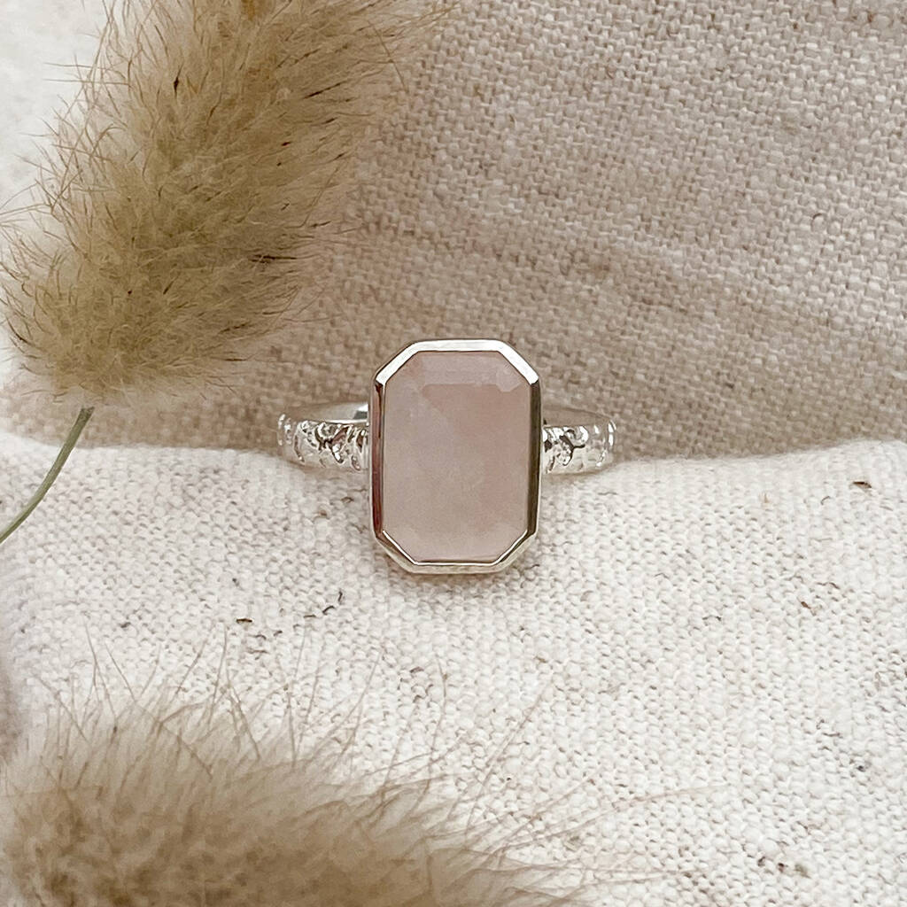 Sustainable Silver Textured Rose Quartz Ring, 1 of 5