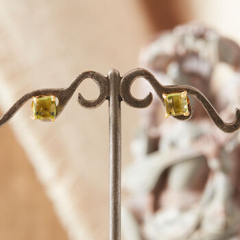 Green Peridot Square Cut 18 K Gold And Silver Studs, 5 of 12