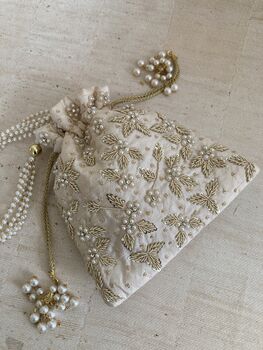 Cream Handcrafted Embroidered Pearl Potli Bag/Wrist Bag, 10 of 10