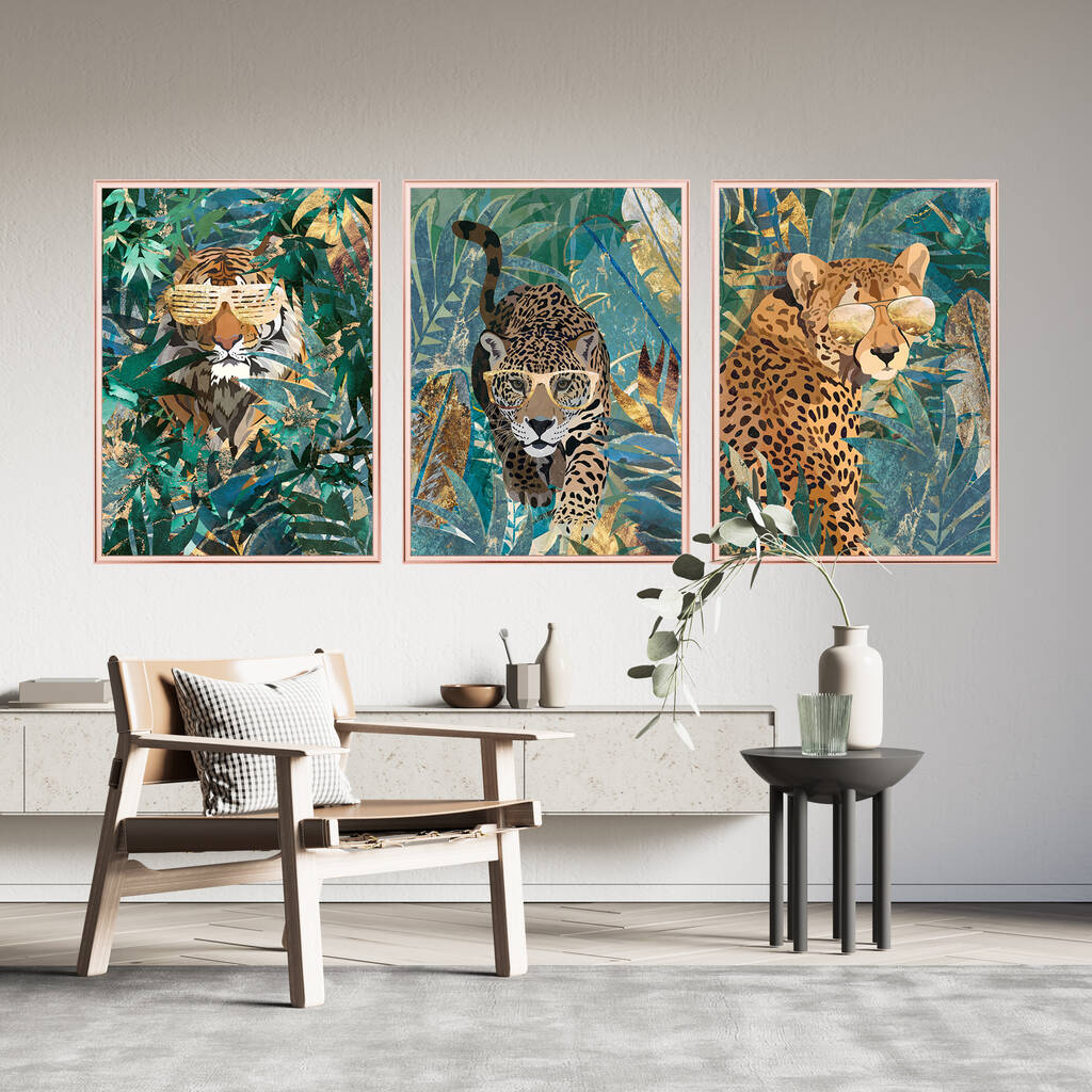 Framed Three Prints Big Cat Jungle Tiger Cheetah Jaguar, 1 of 6