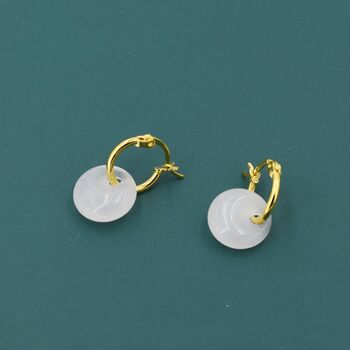 Sterling Silver Genuine White Jade Donut Huggie Hoop Earrings, 2 of 11