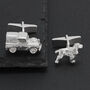 Spaniel And Land Rover Cufflinks In Sterling Silver, thumbnail 1 of 2