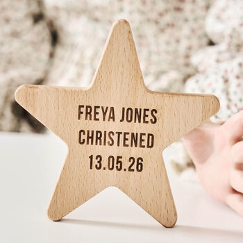 Personalised Baby Christening Gift Wooden Star Keepsake, 2 of 3