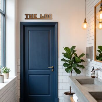 The Loo Sign – Walnut Wood Door Topper With Adhesive Dots, Modern Bathroom Decor, Stylish Wooden Restroom Sign, Easy Install Loo Sign, Elegant Wc Door Topper, Contemporary Wooden Bathroom Sign, 2 of 12