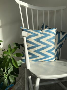 Blue And Cream Zigzag Silk Ikat Cushion, 3 of 7