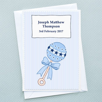 'Baby Boy Rattle' Personalised Baby Card, 3 of 3