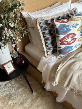 Square Ikat Silk Cushion Abstract Multi Coloured Yellow, Blue, Burgundy, 2 of 9