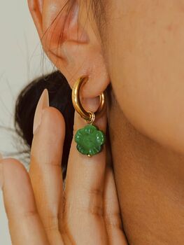 Botan Flower Natural Green Jade Huggie Hoop Earrings, 3 of 10