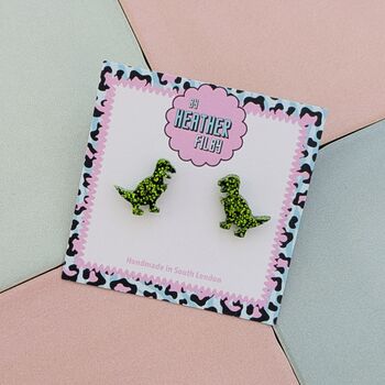 Green T Rex Dinosaur Glitter Resin Studs, 3 of 4