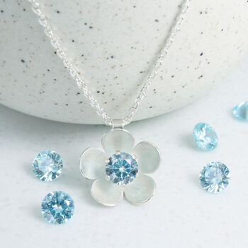 March Birthstone Aquamarine Cz Silver Flower Necklace, 3 of 5