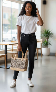 Trendy Ebony/ Ivory Leopard Print Crocbaggs, Includes Name Initial Charm, 3 of 12