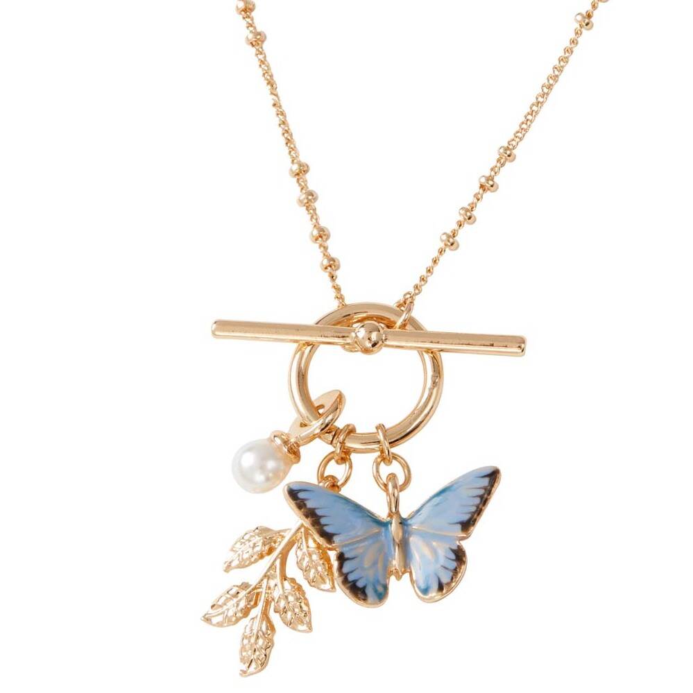 Fable Enamel Blue Butterfly And Leaf Charm Necklace, 1 of 6