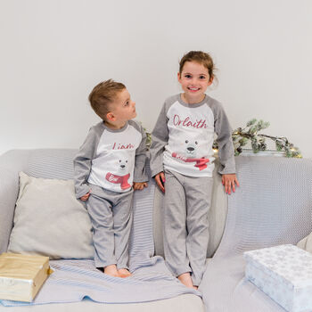 Personalised Grey Polar Bear Kids Christmas Pyjamas, 2 of 12