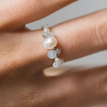 Aquamarine And Baroque Pearls Adjustable Ring, 3 of 10