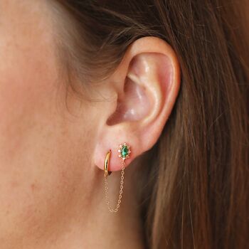 Green Crystal Stud Huggie And Chain Earring In Gold, 2 of 3