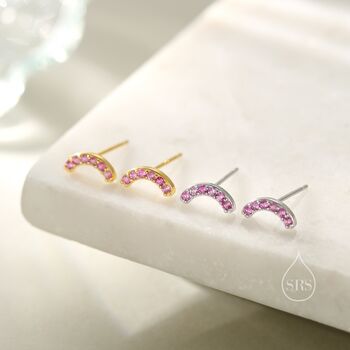 Sterling Silver Pink Cz Curved Bar Tiny Stud Earrings, 4 of 12