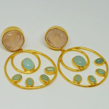 Rose Quartz, Aqua Chalcedony Gold Hoop Earrings, 4 of 6