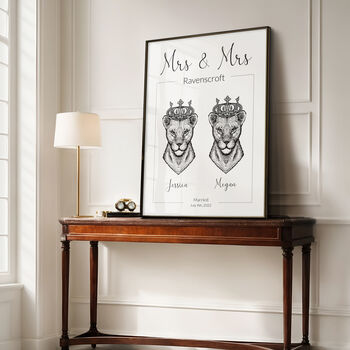 Personalised Mrs And Mrs Print Royal Lioness Portraits Lion Wall Art, 2 of 7