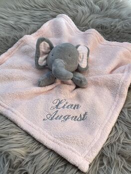 Embroidered Pink And Grey Baby Elephant Comforter, 3 of 8