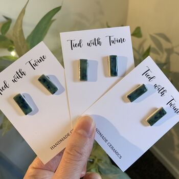 Crackle Blue Green Ceramic Bar Stud Earrings Minimalist Rectangular Studs, 8 of 11