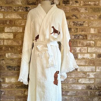 Long Organic Cotton Robe: White With Cheetah, 2 of 4
