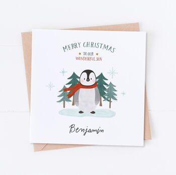 Personalised Red Scarf Penguin Christmas Card, 2 of 4