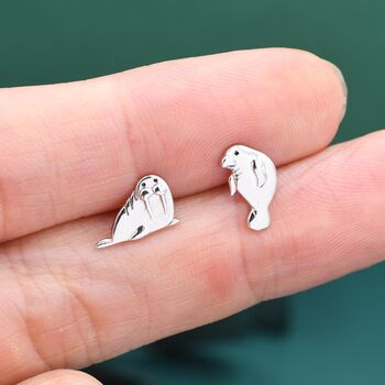 Sterling Silver Walrus And Manatee Mismatched Stud Earrings, 5 of 11