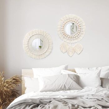 Two Pieces Hanging Wall Mirror With Macrame Fringe, 4 of 7