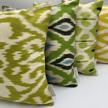 Square Ikat Silk Cushion Green Abstract, 5 of 7