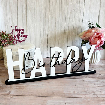 Elegant Happy Birthday Wood Sign And Mirrored Acrylic Sign, 3 of 9