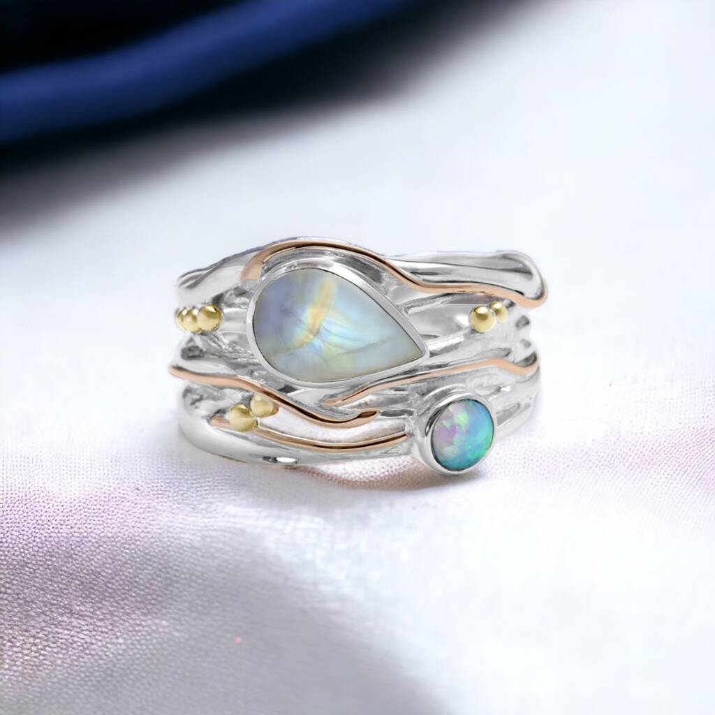 Moonstone And Blue Fire Opal Ring In Sterling Silver, 1 of 8