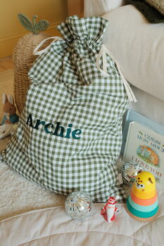 Personalised Green Gingham Gift Sack Embroidered, 2 of 12