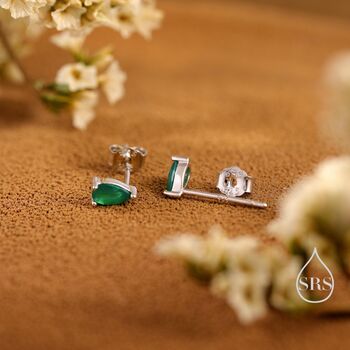 Sterling Silver Extra Tiny Genuine Green Onyx Droplet Stud Earrings, 2 of 10