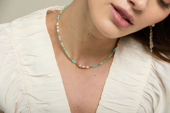 Clara Necklace With Turquoise, Green Quartz And Pearls, 4 of 5
