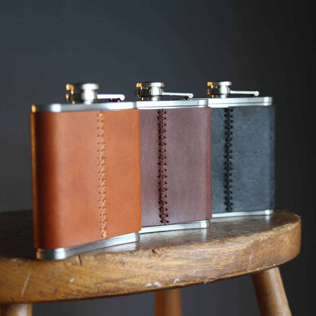 personalised hip flask with leather cover by hyde wares ...