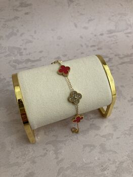 Double Sided 18 K Gold Plated Red Clover Bracelet, 3 of 6