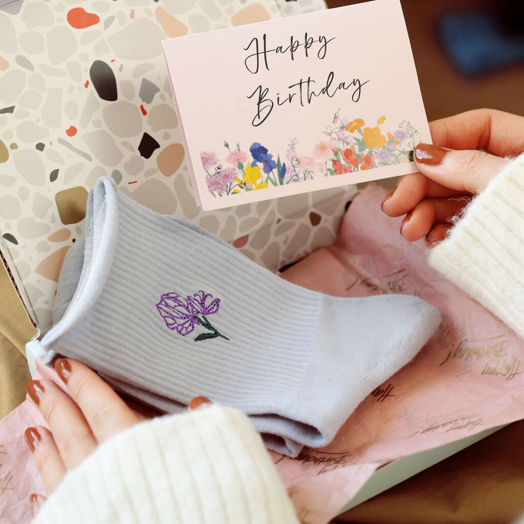 Birth Flower Embroidered Socks Gift In A Box, 1 of 8