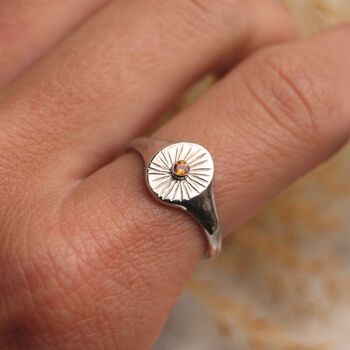 Sunburst Birthstone Signet Boho Ring In Silver Or Gold, 2 of 9